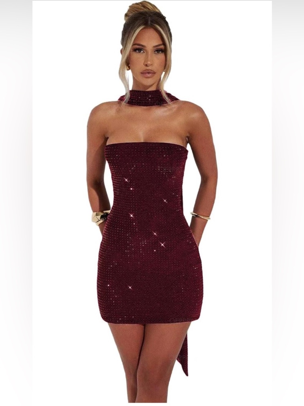 Strapless Burgundy Sequin Bodycon Dress with Sequin Scarf